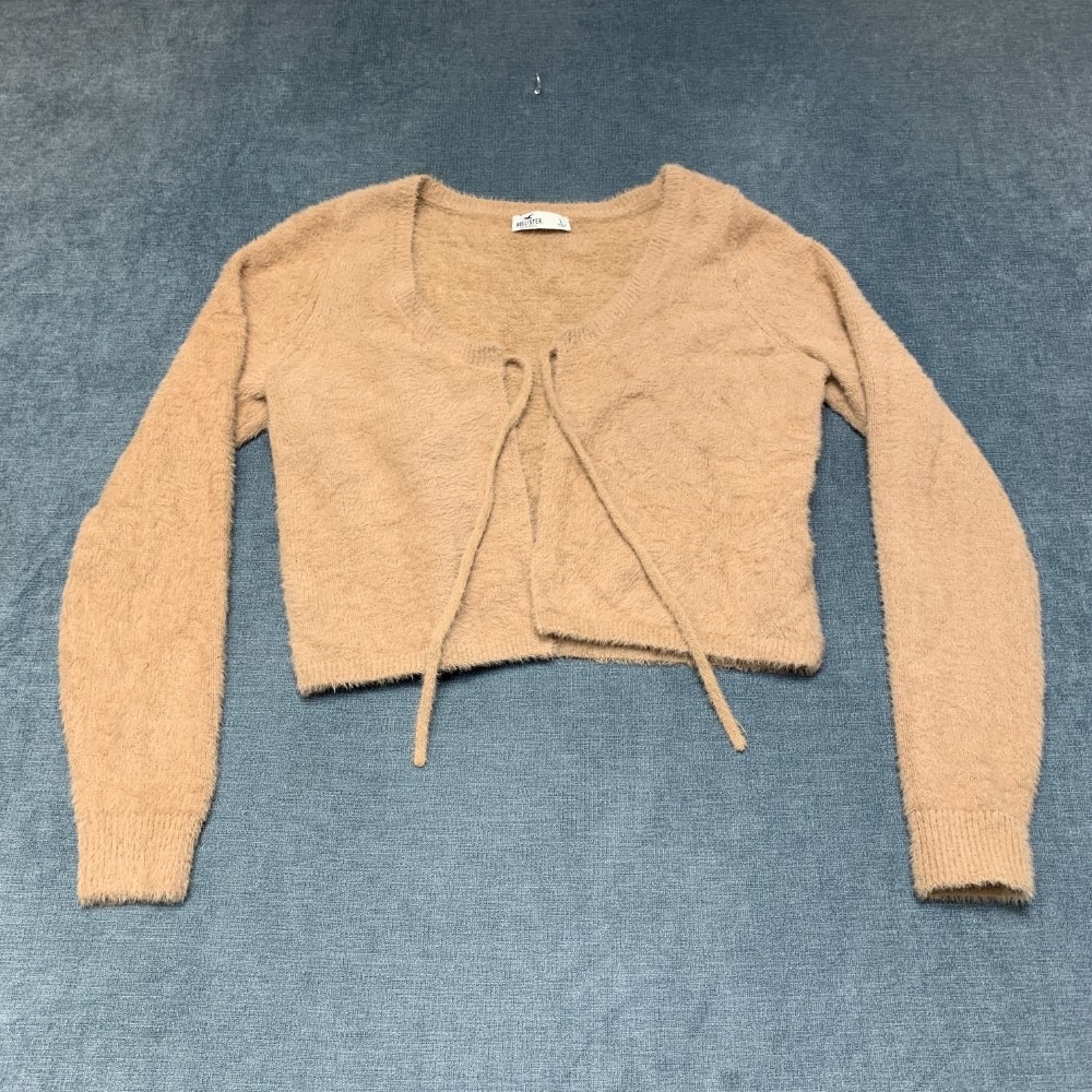 Hollister Wool Cardigan Sweater Womens Large Tan Tie Front Everyday Wear Comfort